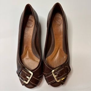 Nurture | Sparrow Chocolate Brown Leather Peep Toe Buckle Slip On Mini Wedges 8